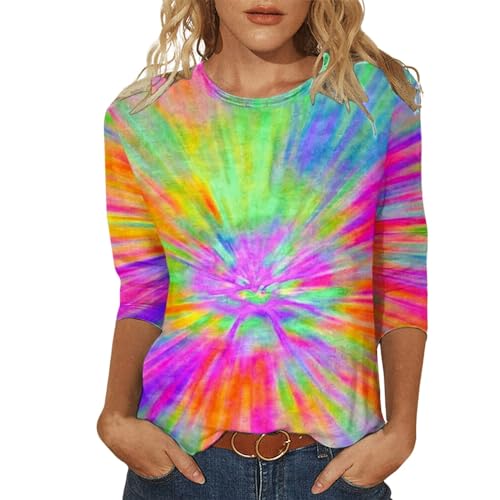 Shirt 3/4 Arm Damen Regenbogenfarben Druck T-Shirt mit Rundhalsauaachnitt Bluse Lässige Lose Sommer T-Shirt Outdoor für Karneval Fasching Party Style Bluse von Generic