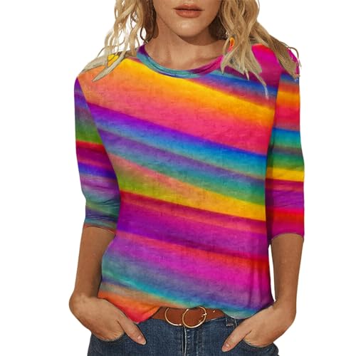 Shirt 3/4 Arm Damen Regenbogenfarben Druck T-Shirt mit Rundhalsauaachnitt Bluse Lässige Lose Sommer T-Shirt Outdoor für Karneval Fasching Party Style Bluse von Generic