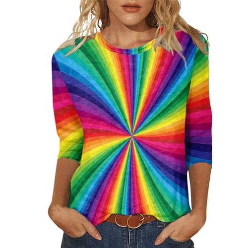 Shirt 3/4 Arm Damen Regenbogenfarben Druck T-Shirt mit Rundhalsauaachnitt Bluse Lässige Lose Sommer T-Shirt Outdoor für Karneval Fasching Party Style Bluse von Generic