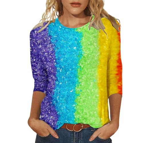 Shirt 3/4 Arm Damen Regenbogenfarben Druck T-Shirt mit Rundhalsauaachnitt Bluse Lässige Lose Sommer T-Shirt Outdoor für Karneval Fasching Party Style Bluse von Generic