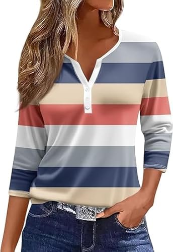 Shirt Damen 3/4 arm Baumwolle V Ausschnitt Frühling Sommer Oberteile Basic Casual Gestreifte/einfarbig/Drucken Knopfleiste Shirts Tunika Tops Tshirt Shirt Damen 3/4 arm Baumwolle V Ausschnitt Frühling Sommer Oberteile Basic Casual Gestreifte/einfarbig/Drucken Knopfleiste Shirts Tunika Tops Tshirt von Generic