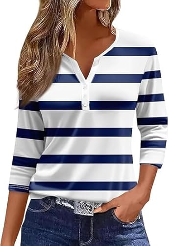 Shirt Damen 3/4 arm Baumwolle V Ausschnitt Frühling Sommer Oberteile Basic Casual Gestreifte/einfarbig/Drucken Knopfleiste Shirts Tunika Tops Tshirt Shirt Damen 3/4 arm Baumwolle V Ausschnitt Frühling Sommer Oberteile Basic Casual Gestreifte/einfarbig/Drucken Knopfleiste Shirts Tunika Tops Tshirt von Generic