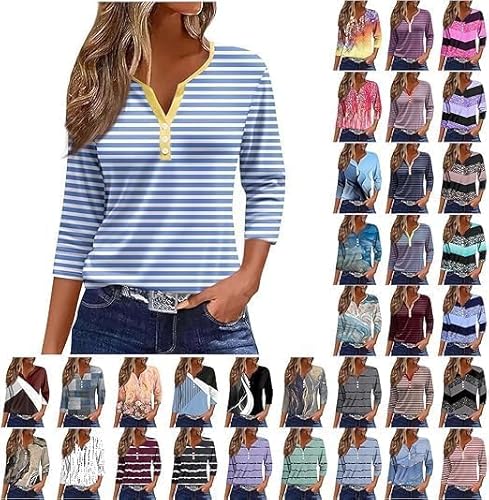 Shirt Damen 3/4 arm Baumwolle V Ausschnitt Frühling Sommer Oberteile Basic Casual Gestreifte/einfarbig/Drucken Knopfleiste Shirts Tunika Tops Tshirt Shirt Damen 3/4 arm Baumwolle V Ausschnitt Frühling Sommer Oberteile Basic Casual Gestreifte/einfarbig/Drucken Knopfleiste Shirts Tunika Tops Tshirt von Generic