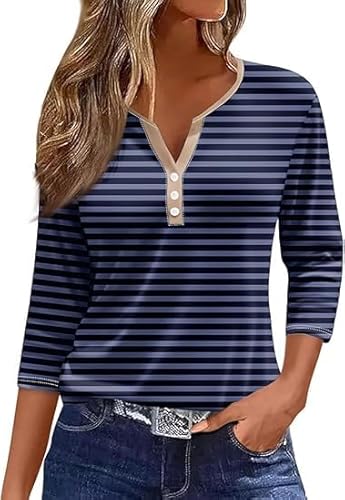 Shirt Damen 3/4 arm Baumwolle V Ausschnitt Frühling Sommer Oberteile Basic Casual Gestreifte/einfarbig/Drucken Knopfleiste Shirts Tunika Tops Tshirt Shirt Damen 3/4 arm Baumwolle V Ausschnitt Frühling Sommer Oberteile Basic Casual Gestreifte/einfarbig/Drucken Knopfleiste Shirts Tunika Tops Tshirt von Generic