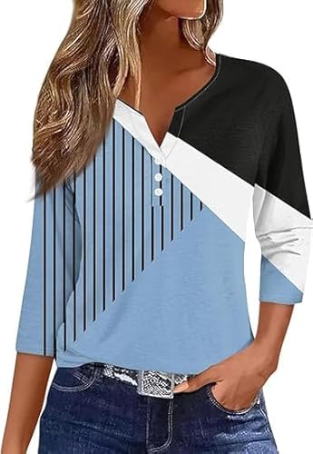 Shirt Damen 3/4 arm Baumwolle V Ausschnitt Frühling Sommer Oberteile Basic Casual Gestreifte/einfarbig/Drucken Knopfleiste Shirts Tunika Tops Tshirt Shirt Damen 3/4 arm Baumwolle V Ausschnitt Frühling Sommer Oberteile Basic Casual Gestreifte/einfarbig/Drucken Knopfleiste Shirts Tunika Tops Tshirt von Generic