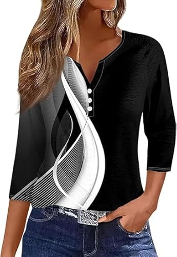 Shirt Damen 3/4 arm Baumwolle V Ausschnitt Frühling Sommer Oberteile Basic Casual Gestreifte/einfarbig/Drucken Knopfleiste Shirts Tunika Tops Tshirt Shirt Damen 3/4 arm Baumwolle V Ausschnitt Frühling Sommer Oberteile Basic Casual Gestreifte/einfarbig/Drucken Knopfleiste Shirts Tunika Tops Tshirt von Generic