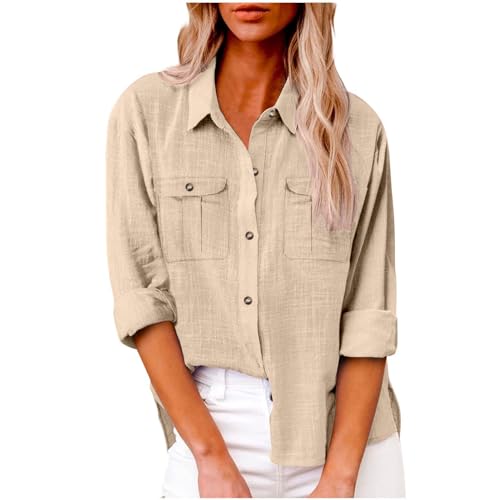 Shirt Leinen Damen,Langarm Blusen Damen,Leinen Damenhemd Sommer Langarm Revers Button Down Hemd Leichte Gaze lose lässige Mode Shirt Kleidung,Beige,M von Generic