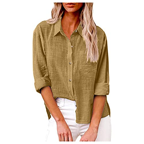 Shirt Leinen Damen,Lange Bluse Damen,Leinen Damenhemd Sommer Langarm Revers Button Down Hemd Leichte Gaze lose lässige Mode Shirt Kleidung,Beige,S von Generic