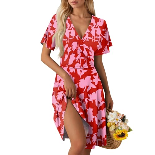 Short Dress Sommerkleid Damen V Ausschnitt Kurzarm Strandkleid Knielang Blumen A-Linie Kleid Loose Swing Freizeitkleid Summer Dress Tshirt Kleider Leicht und Luftig A Pink XL von Generic