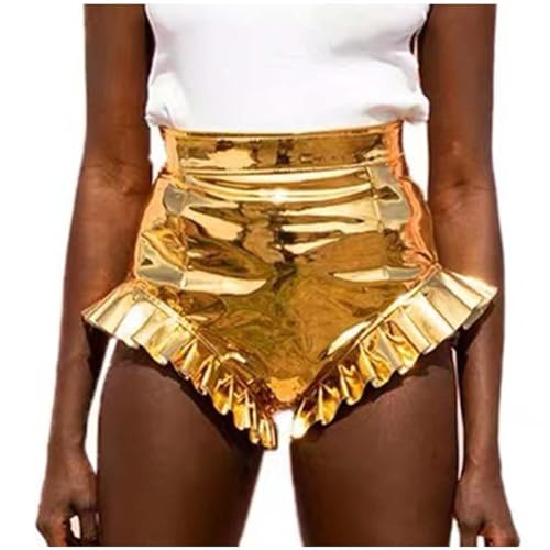 Shorts Damen Kurz Lederoptik Glanz PU Hose Push Up Kunstleder Hotpants Sommer Casual Lässige Ledershort Club Party Shorts Sexy Nachtclub Hotpants Mit sexy Rüschen… (Gold, S) von Generic