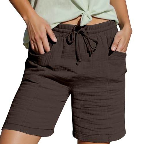 Shorts Damen Leinen Musselin Kurze Hose Beach Mit Taschen Mode Lässige Stoffhose Freizeit Stretch Gerades Bein Kordelzug Leinenhose Damen Bermuda Sommer Kurze Hose Für Die Oberbekleidung von Generic