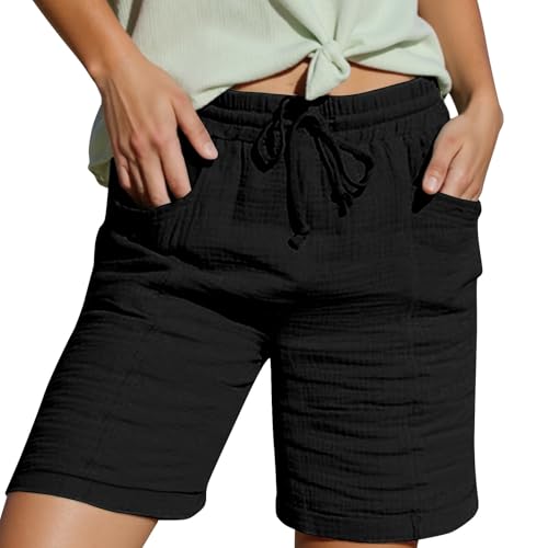 Shorts Damen Leinen Musselin Kurze Hose Beach Mit Taschen Mode Lässige Stoffhose Freizeit Stretch Gerades Bein Kordelzug Leinenhose Damen Bermuda Sommer Kurze Hose Für Die Oberbekleidung von Generic