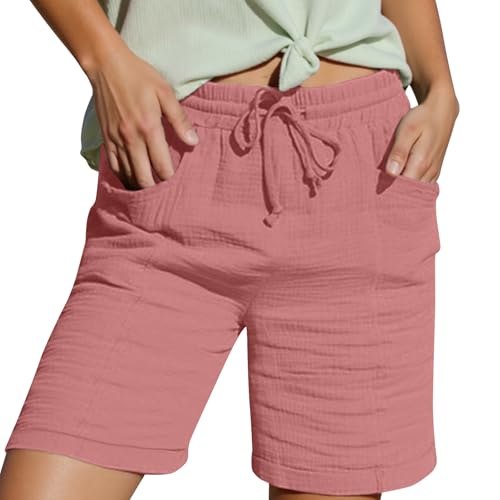 Shorts Damen Leinen Musselin Kurze Hose Beach Mit Taschen Mode Lässige Stoffhose Freizeit Stretch Gerades Bein Kordelzug Leinenhose Damen Bermuda Sommer Kurze Hose Für Die Oberbekleidung von Generic