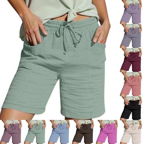 Shorts Damen Leinen Musselin Kurze Hose Beach Mit Taschen Mode Lässige Stoffhose Freizeit Stretch Gerades Bein Kordelzug Leinenhose Damen Bermuda Sommer Kurze Hose Für Die Oberbekleidung von Generic