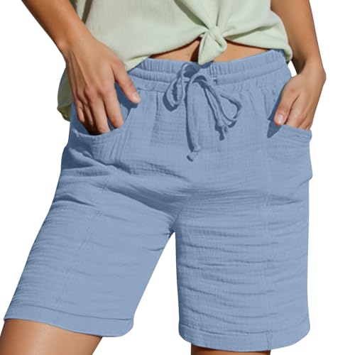 Shorts Damen Leinen Musselin Kurze Hose Beach Mit Taschen Mode Lässige Stoffhose Freizeit Stretch Gerades Bein Kordelzug Leinenhose Damen Bermuda Sommer Kurze Hose Für Die Oberbekleidung von Generic