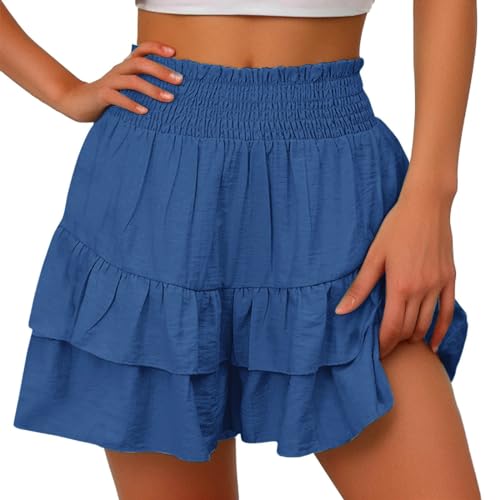 Shorts Damen Sommer Casual - Hosenrock Mit Mehrschichtigem Saum Rüschen Kurze Hosen Elastische Taille Strand-Shorts Weite Bein Baggy Shorts Einfarbig A-Linie Minirock Kurzer Faltenrock von Generic