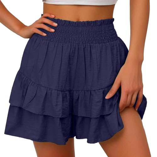 Shorts Damen Sommer Casual - Hosenrock Mit Mehrschichtigem Saum Rüschen Kurze Hosen Elastische Taille Strand-Shorts Weite Bein Baggy Shorts Einfarbig A-Linie Minirock Kurzer Faltenrock von Generic