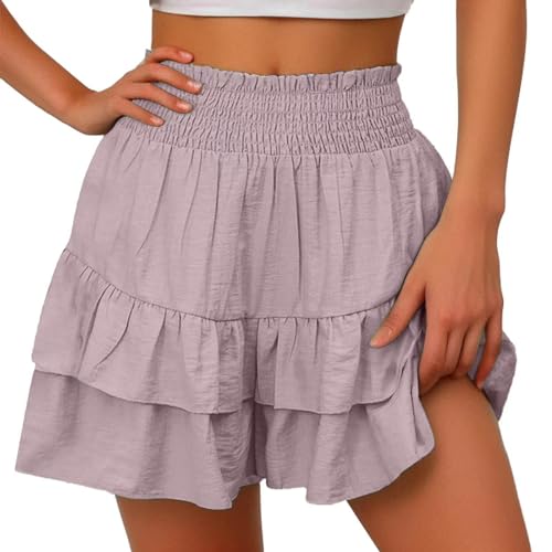 Shorts Damen Sommer Casual - Hosenrock Mit Mehrschichtigem Saum Rüschen Kurze Hosen Elastische Taille Strand-Shorts Weite Bein Baggy Shorts Einfarbig A-Linie Minirock Kurzer Faltenrock von Generic