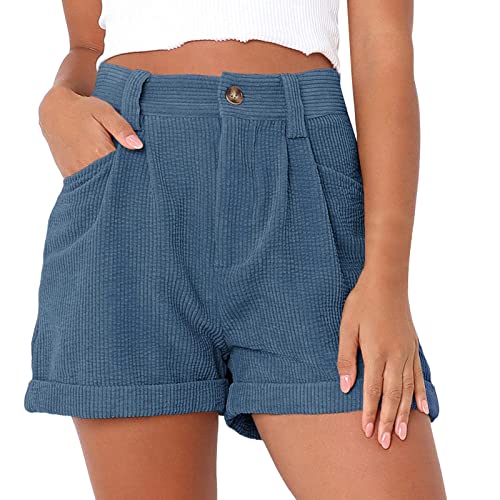 Shorts Damen Sommer Knielang Kurze Cord Hose Einfarbig Leicht Kurz Freizeithose Teenager Mädchen Elegant Sommershorts Mit Taschen Loose Fit B ermuda Shorts mit Gürtel (BU1, M) von Generic