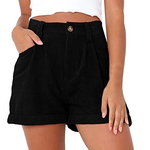 Shorts Damen Sommer Knielang Kurze Cord Hose Einfarbig Leicht Kurz Freizeithose Teenager Mädchen Elegant Sommershorts Mit Taschen Loose Fit B ermuda Shorts mit Gürtel (Black, M) von Generic