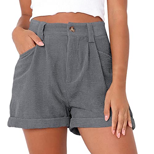 Shorts Damen Sommer Knielang Kurze Cord Hose Einfarbig Leicht Kurz Freizeithose Teenager Mädchen Elegant Sommershorts Mit Taschen Loose Fit B ermuda Shorts mit Gürtel (Grey, M) von Generic