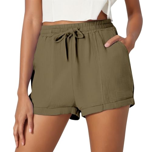 Shorts Damen Sommer Musselin Leinen Kurze Hose Baggy Beach Shorts mit Taschen Elastische Taille Stretchy Gerades Bein Bermuda Hose Kurze Lässige Freizeit Short von Generic