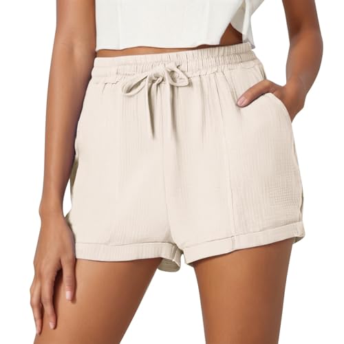 Shorts Leinen Damen Sommer Kurze Hose mit Taschen Hohe Taille Shorts Elastischer Bund Weites Bein Baumwolle Strand Hosen Lose Jogginghose Sportshorts von Generic