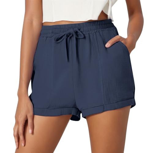 Shorts Leinen Damen Sommer Kurze Hose mit Taschen Hohe Taille Shorts Elastischer Bund Weites Bein Baumwolle Strand Hosen Lose Jogginghose Sportshorts von Generic