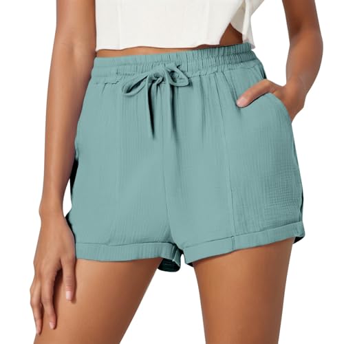 Shorts Leinen Damen Sommer Kurze Hose mit Taschen Hohe Taille Shorts Elastischer Bund Weites Bein Baumwolle Strand Hosen Lose Jogginghose Sportshorts von Generic