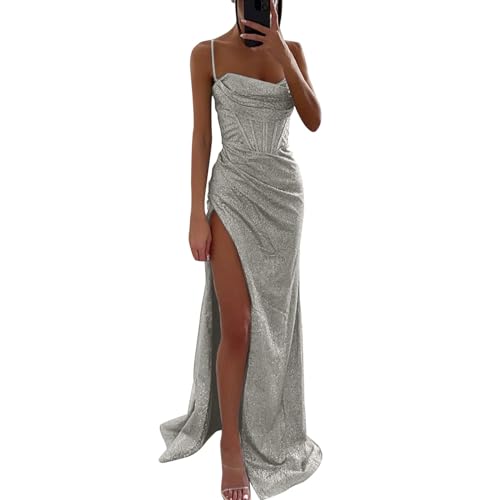 Generic Damen Abendkleid Lang, Glitzer A-Linie Paillettenkleid mit Schlitz, Elegant für Hochzeit & Party, Silber, Größe 36 (EU), Bodenlang, Ärmellos, Off Shoulder, Formal, Kleid von Generic