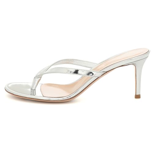 Silber,36 EU,Damen Kitten Heels Flip-Flops Offene Zehenpartie Stilettoabsatz Slip-On Slingback Pantoletten Modische Partykleid Sandalen mit Zehentrenner von Generic
