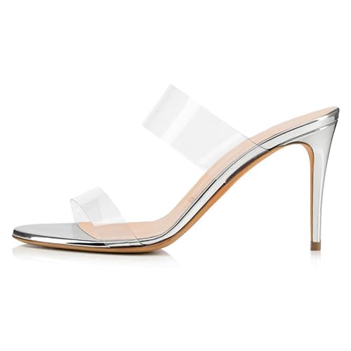 Silber,36 EU,Damen-Pantoletten mit Stilettoabsatz, rund, offene Zehenpartie, Slip-On-High-Heels, transparentes PVC, Zwei Riemen, Sandalen, Slingback-Pantoffeln, Abendschuhe von Generic