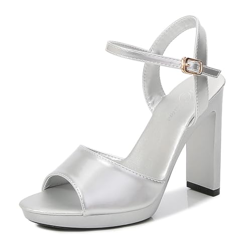Silber,38 EU,Damen Sandalen mit Blockabsatz und offener Zehenpartie, Knöchelriemen, Plateau-Absatz, Knöchelriemen, Hochzeits- und Partyschuhe von Generic