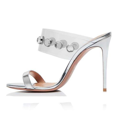 Silber,38 EU,Damen Sandalen mit offener Spitze und Absatz, transparenter PVC-Strass, Stiletto-Absatz, Zwei Riemen, rückenfrei, Slip-On-Pantoletten, Abschlussball, Party, Abendschuhe von Generic