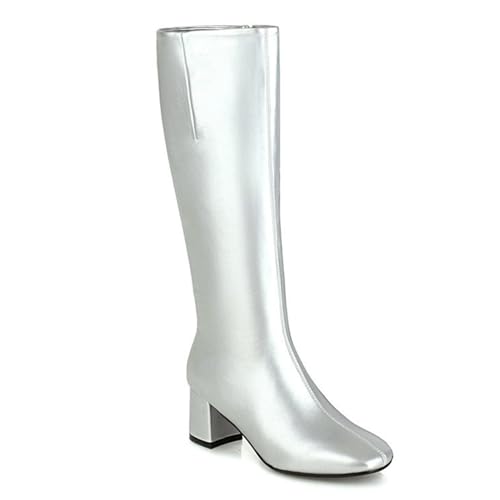 Silber,38 EU,Kniehohe Lange Stiefel für Damen, quadratische Zehenpartie, klobiger Blockabsatz, hohe Stiefel, seitlicher Reißverschluss, Reitstiefel aus Leder, PU, Herbst-Winter-Kleid von Generic