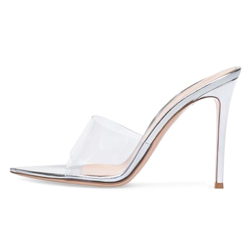 Silber,40 EU,Damen Stiletto High Heel Peep Toe Sandalen Pantoletten Schuhe Spitzschuh Slingback Slip-on Hausschuhe Leopardenmuster Ballkleid Schuhe von Generic