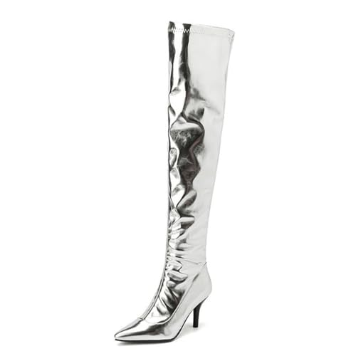 Silber,45 EU,Damen Lackleder PU Overknee Stilettoabsatz Spitzschuh Lange Stiefel Seitlicher Reißverschluss Oberschenkelhoher Stiefel Herbst Winter Party Stil Abendschuhe von Generic
