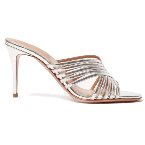 Silber,45 EU,Damen Riemchensandalen mit Absatz, Stiletto-Pantoletten, offene Zehenpartie, rückenfreie High Heels, Slip-on-Pumps, Hochzeits- und Abschlussballschuhe von Generic