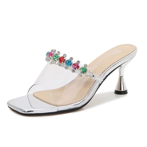 Silber,46 EU,Damen Stiletto-Absätze Quadratische Sandalen mit offener Spitze Slingback Slip-on-Hausschuhe Transparente PVC-Pantoletten Bunte Strass-Abendschuhe Silber,46 EU,Damen Stiletto-Absätze Quadratische Sandalen mit offener Spitze Slingback Slip-on-Hausschuhe Transparente PVC-Pantoletten Bunte Strass-Abendschuhe von Generic