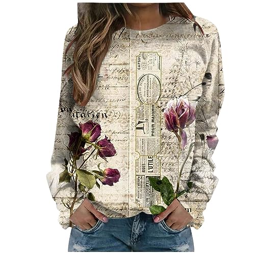 Silber 925 Damen Herbst-Sweatshirts für Damen, Rundhalsausschnitt, Damen-Pullover, trendiges Blumen-Grafik-Sweatshirt, Vintage-Langarm-Top für Damen Kette Silber Blau (Khaki, L) von Generic