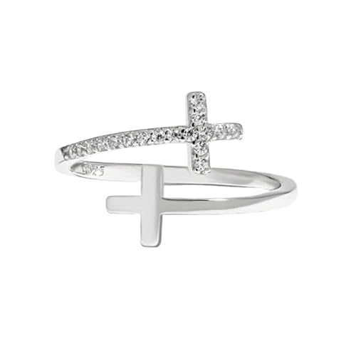 Silber Ringe 925 Frauen Doppelkreuzringe Mit Kubikzircon Offen Verstellbar Eheringe Für Frauen 14 Karat Vergoldet Versprechensring Glaubensschmuck Mit Geschenkbox Weiß Vergoldet von Generic