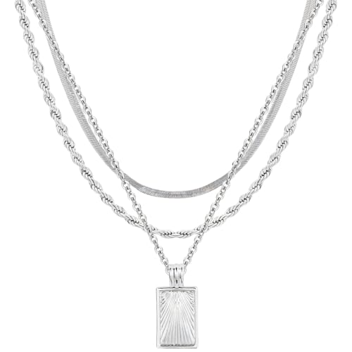 Silberfarbene Halsketten für Frauen mit Schichten, dreistufiges rechteckiges Anhänger-Design, verstellbare Ebenen, frei von Blei und Nickel, ideal für jede Veranstaltung, inklusive Geschenkbox von Generic