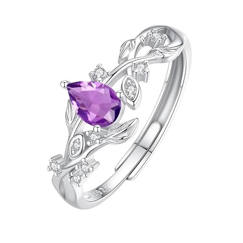 Silberring Damen 925 Silber Natürlicher Edelstein Ring Im Birnenschliff Silber Mit Zirkonia Blattband Verstellbar Jahrestag Hochzeit Verlobungsring Für Sie Geschenke Amethyst von Generic