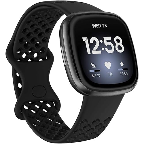 Silikon Armband Kompatibel mit Fitbit Versa 3/Sense, Groß Wasserdicht Weiches Silikon Lochstil Ersatzarmband Sportarmband für Outdoor Sports Damen Herren, A-Schwarz von Generic