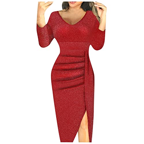 Silvester Kleid Damen Abendkleid Damen Glitzerkleid Langarm V-Ausschnitt Schlitz Kurz Kleid Einfarbig Abendkleid Herbst Winter Partykleid Sexy Stretch Ballkleid Glitzer Rot XL von Generic