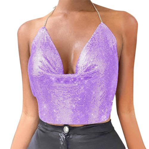 Silvester Outfit Damen Karneval Kostüm Pailletten Tank Top Neckholder BH Glitzer Oberteile Rückenfrei Crop Top für Bauchtanz Latin Dance Party Club Kostüm Rave Lila von Generic