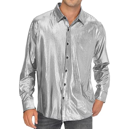 Silvester Outfit Herren Glitzer Hemd Herren 70Er Jahre Outfit Herrenhemd Metallic Glänzend Shirt Langarm Retro Partyshirt Fasching Oberteile Freizeithemd Glitzerhemd Disco Party Karneval Kostüm von Generic