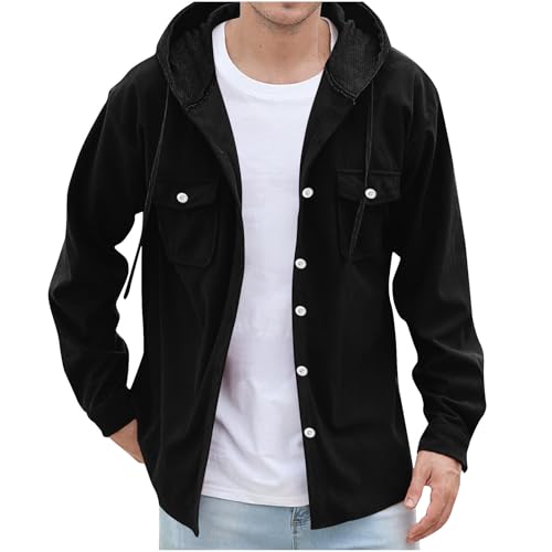 Silvester Outfit Herren Hoodie Jacke Einfarbig Sweatjacke Kapuze Button Down Cordjacke Frühling Kapuzenjacke Lässige Übergangsjacke Cordhemd mit Tasche Langarm Hemdacke Große Größen Herrenjacke von Generic