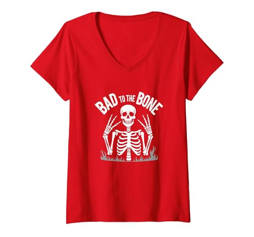 Skelett Männer Bad to The Bone Rock Skull Grafik T-Shirt mit V-Ausschnitt, Damen, Rot, M von Generic