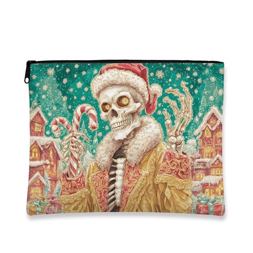 Skelett-Make-up-Tasche, Weihnachtsthemen-Reisetasche für Damen, tragbarer Organizer aus Segeltuch mit Reißverschluss, Weihnachts-Kulturbeutel, grün, 7x9 Inch, Skelett von Generic